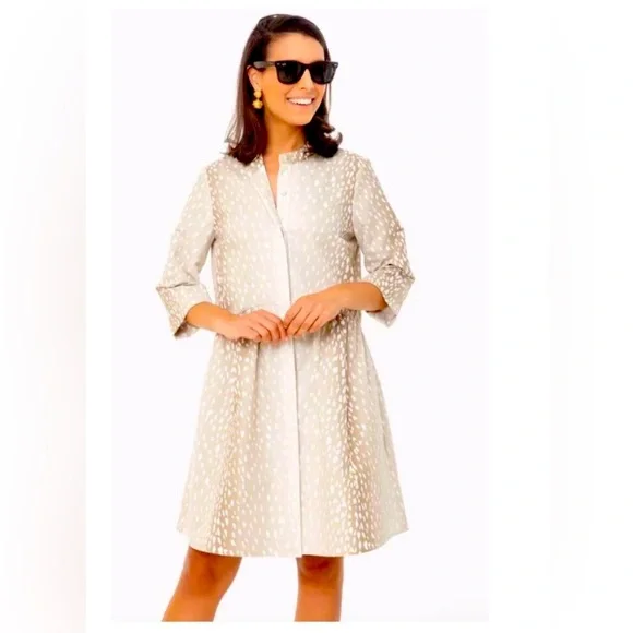 antelope royal shirt dress Tuckernuck Royal Shirt Dress Tan Antelope Print sz XXS Women's NWT 3/4 Sleeve